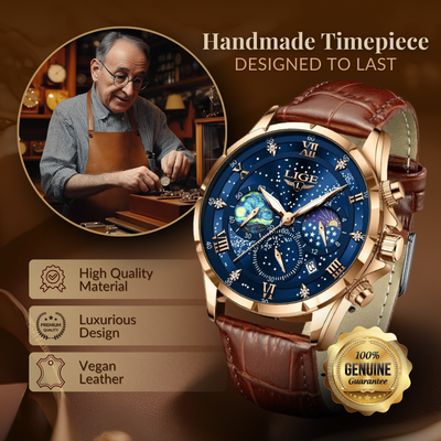 Jasper | Maanfasehorloge met leren band en datumweergave 7