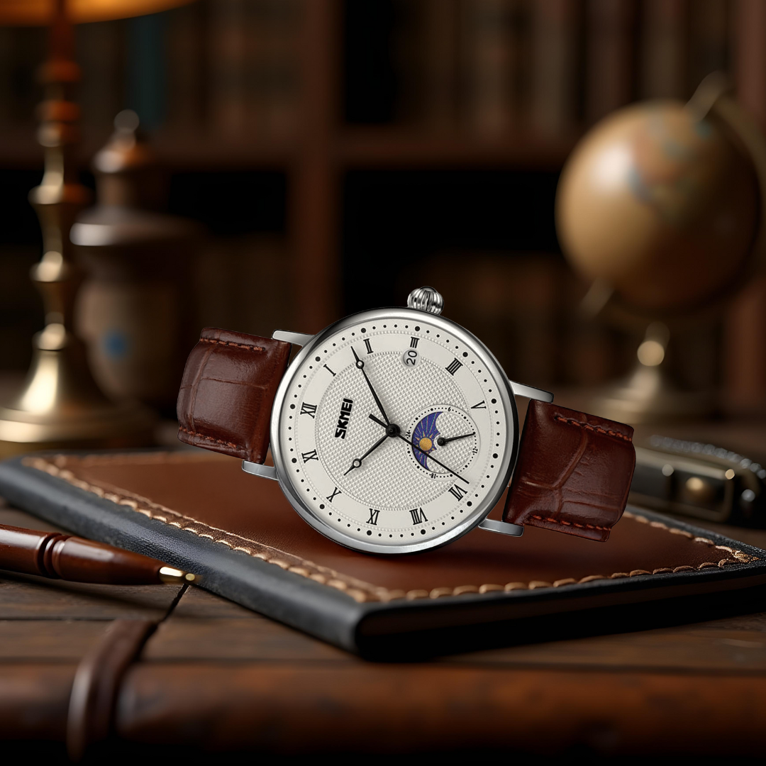 Jasper | Roestvrij Stalen Maanfasehorloge met Leren Band 2