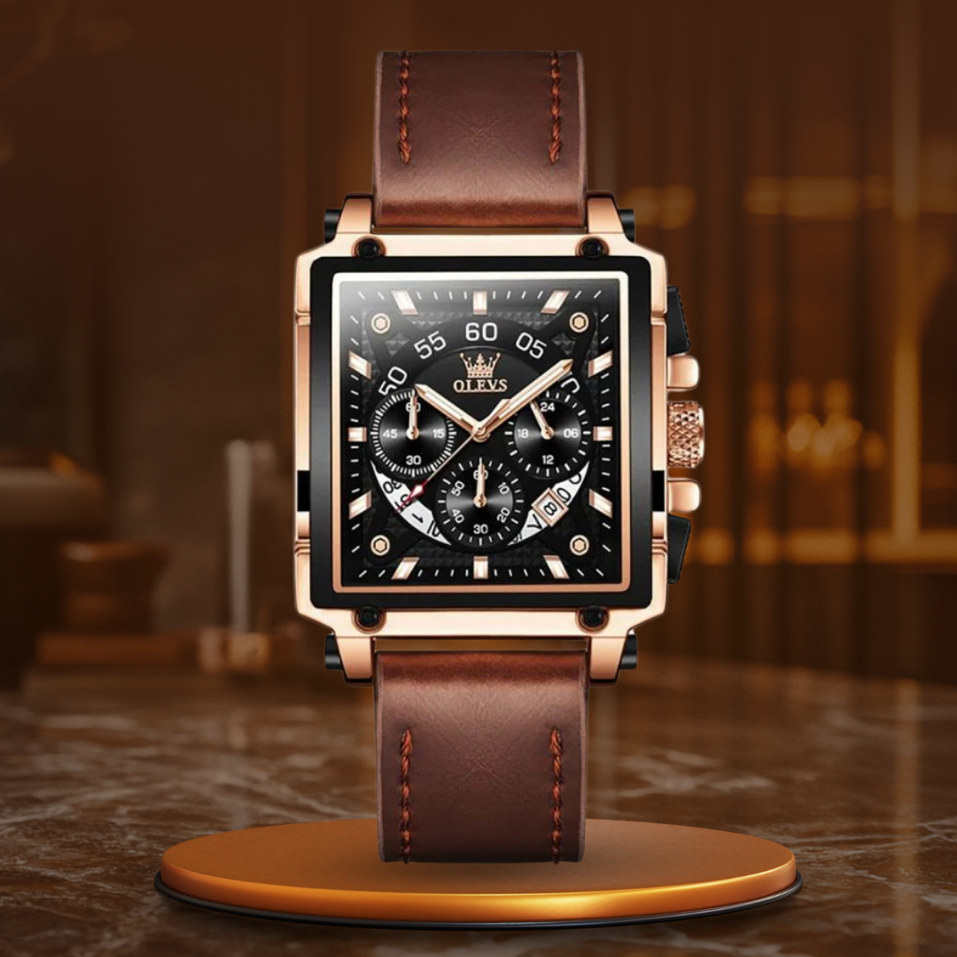 Joris | Chronograafhorloge met vierkante wijzerplaat en leren band 1