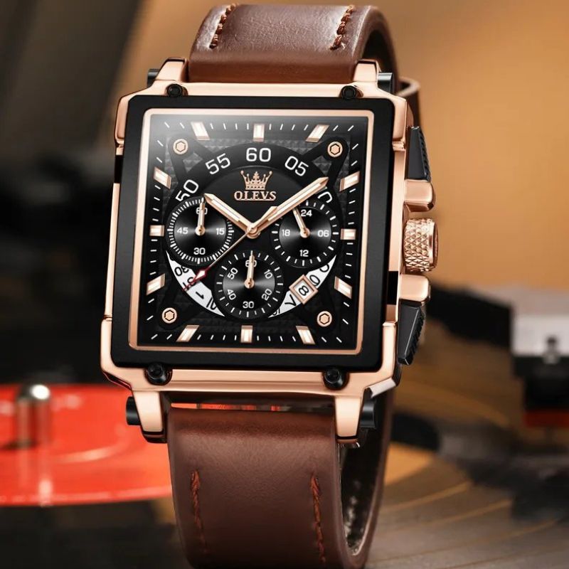Joris | Chronograafhorloge met vierkante wijzerplaat en leren band 6